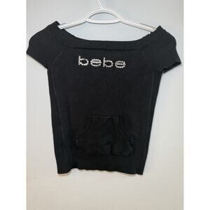Vintage Bebe Women’s Black Top Bedazzled USA Made Y2K 90s Scoop Neck M